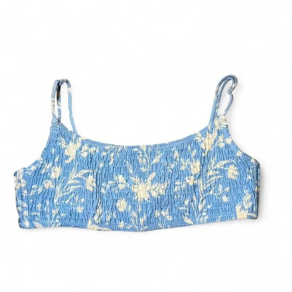 Triangl Scoop Ruched Swim Bikini Top & Drawstring Bag Blue Floral - Size Small